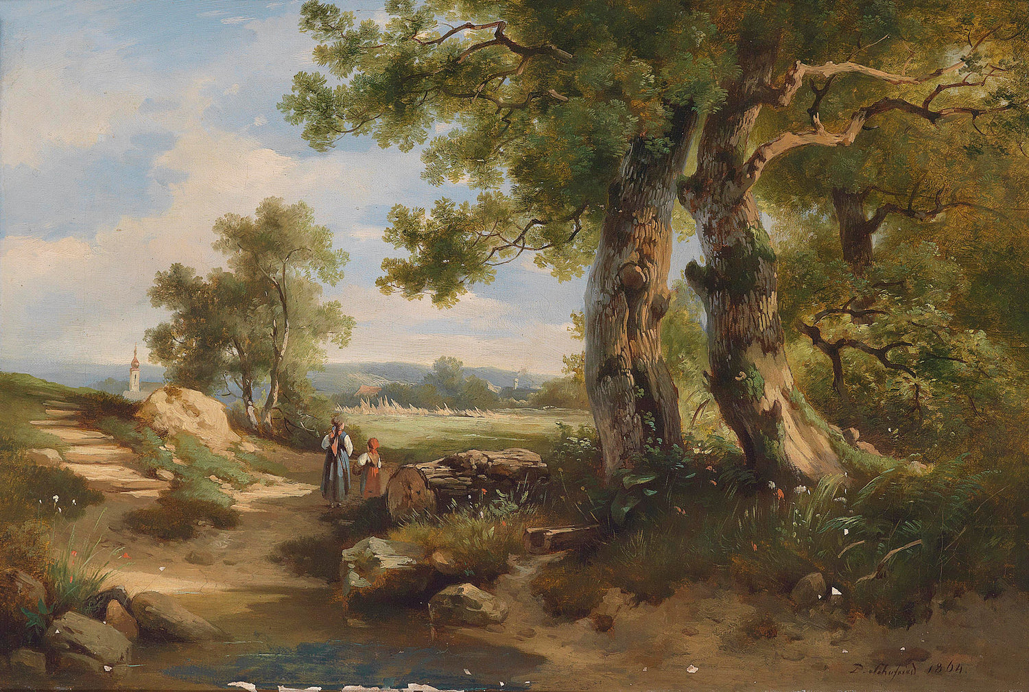 Landscape Oil Painting - Rural Path, Children, Giant Trees & Church