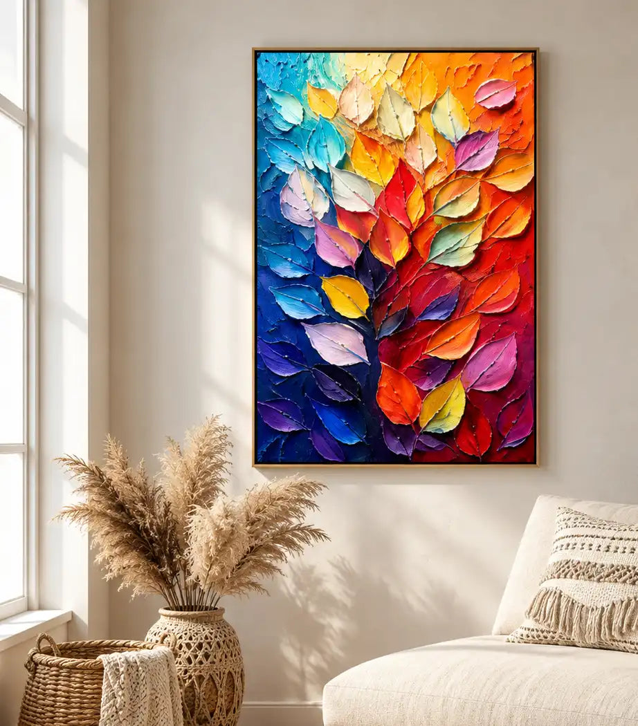 Peinture à l’huile abstraite – Feuilles multicolores aux textures en relief