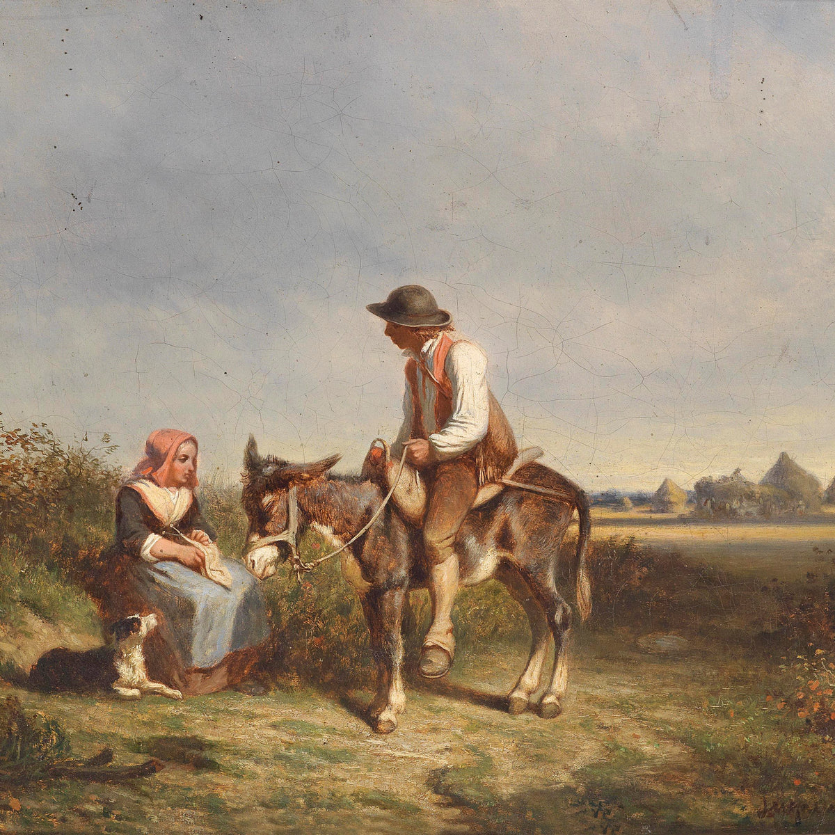 Landscape Oil Painting - Man on Donkey, Woman, Dog & Rural Field