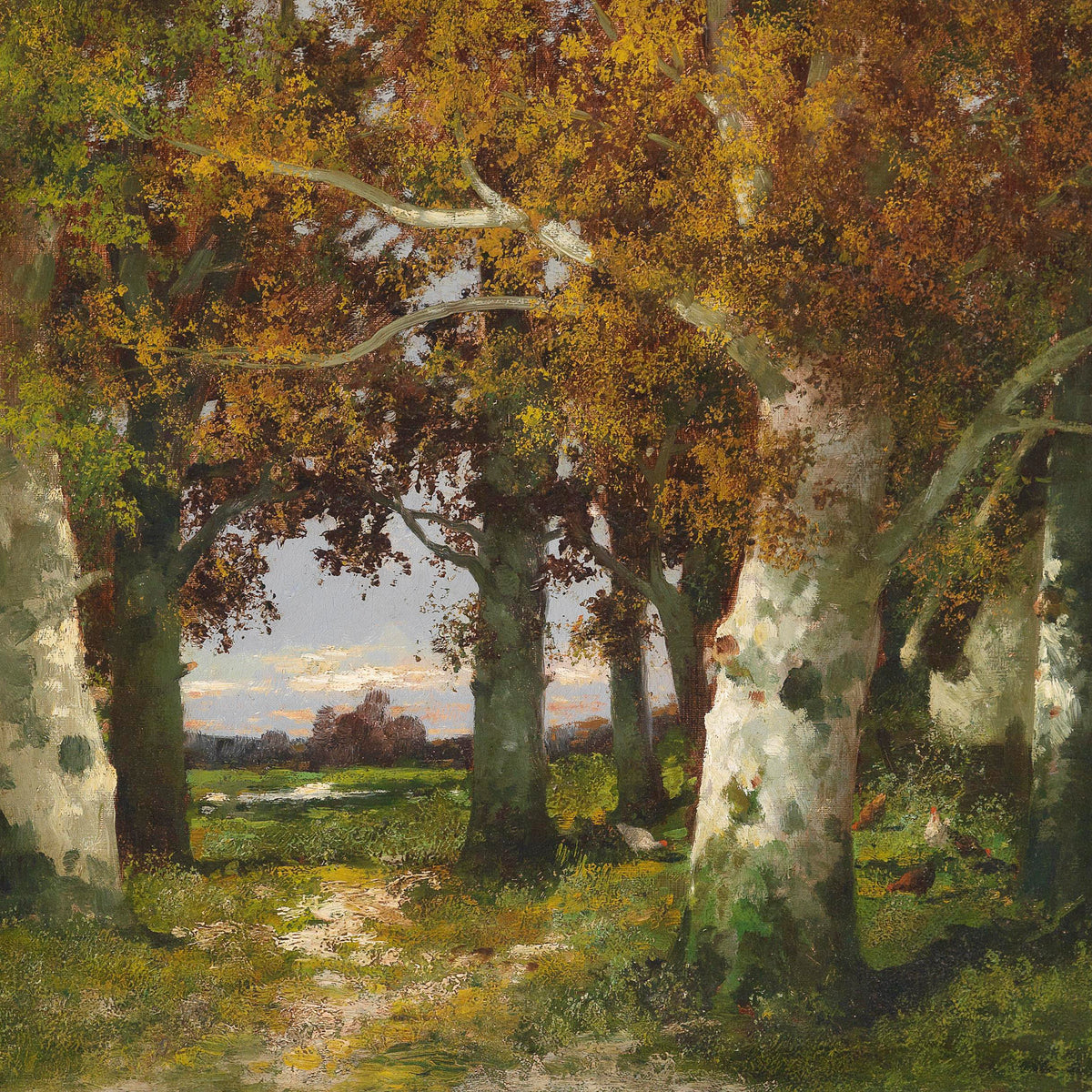 Landscape Oil Painting - Autumn Grove, Tall Trees, Path & Chickens