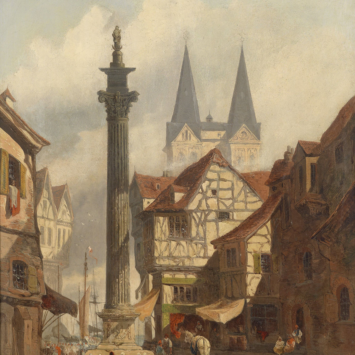 Landscape Oil Painting - City Square,Half-Timbered Homes & Church