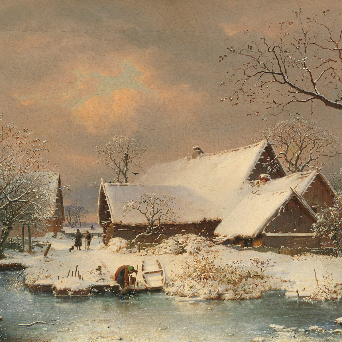 Landscape Oil Painting - Winter Rural Cottage & Snow-Covered Log Homes