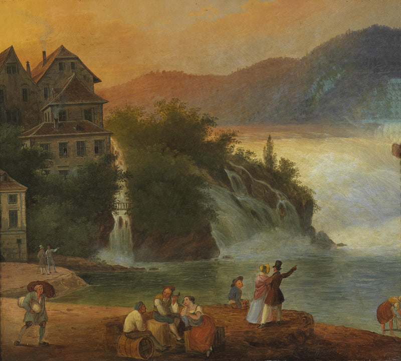 Landscape Oil Painting - River Waterfall, Riverfront & Gathered Crowd