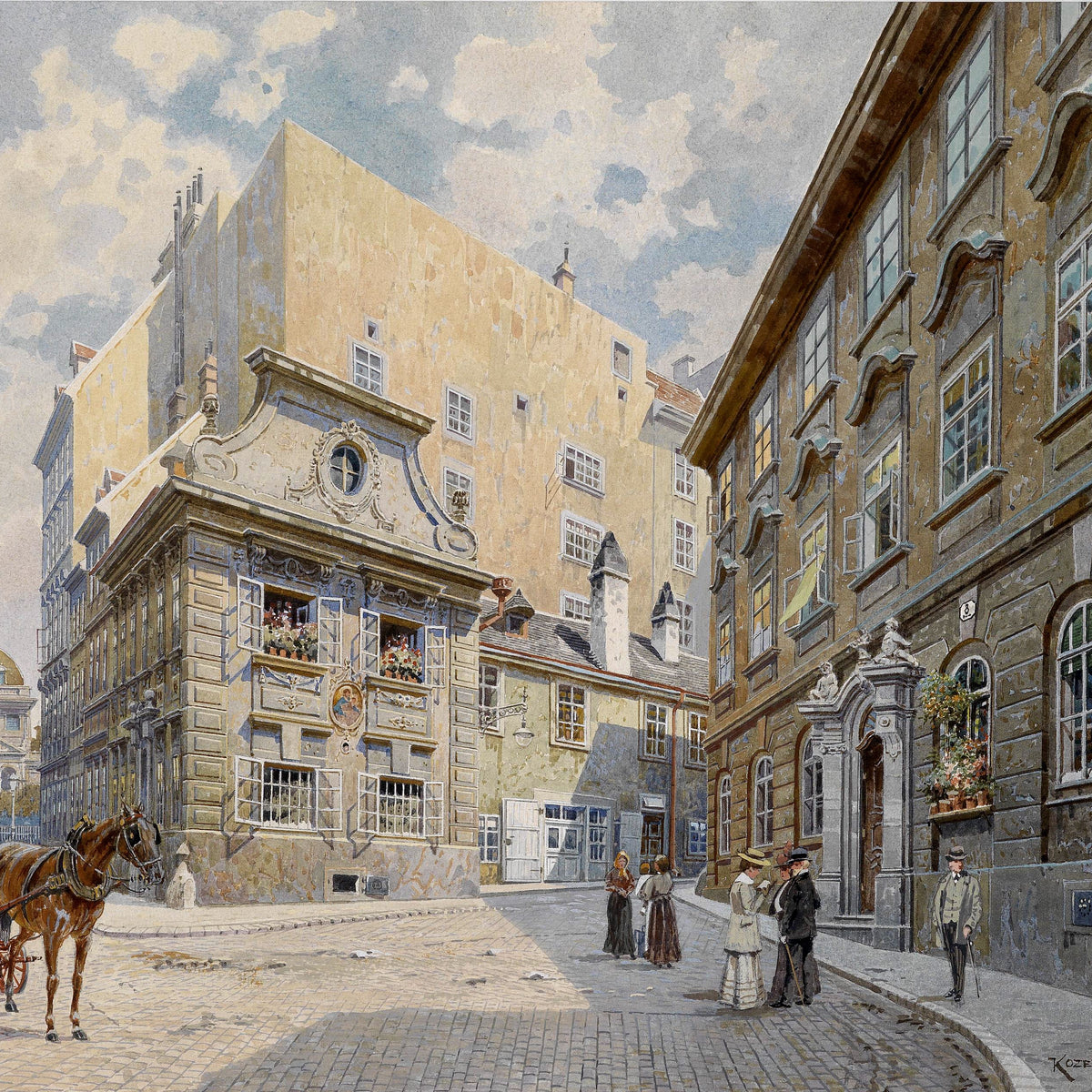 Landscape Oil Painting - Urban Street, Carriage, Buildings & Pedestrians