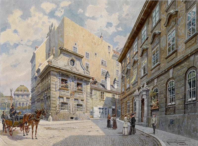 Landscape Oil Painting - Urban Street, Carriage, Buildings & Pedestrians