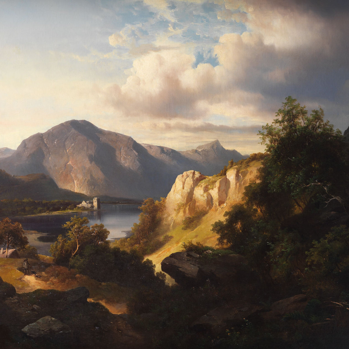 Landscape Oil Painting - Lake, Mountain, Castle Ruin & Sunlit Cliff