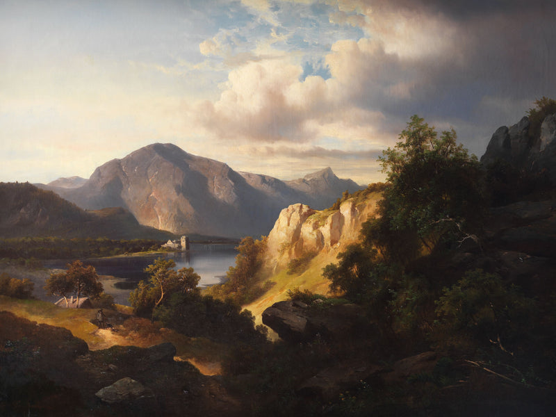 Landscape Oil Painting - Lake, Mountain, Castle Ruin & Sunlit Cliff