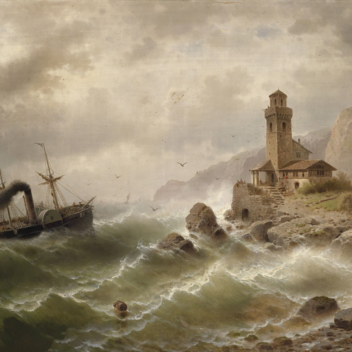 Landscape Oil Painting - Steamboat in Seas, Coastal Tower, Waves