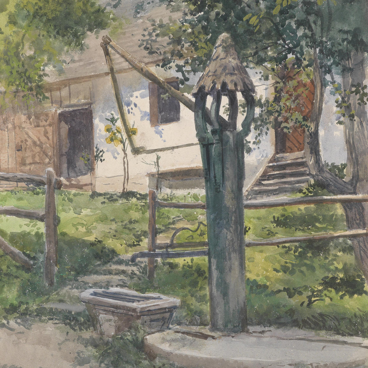 Landscape Oil Painting - Rural Well, Cottage, Fence & Garden Greenery