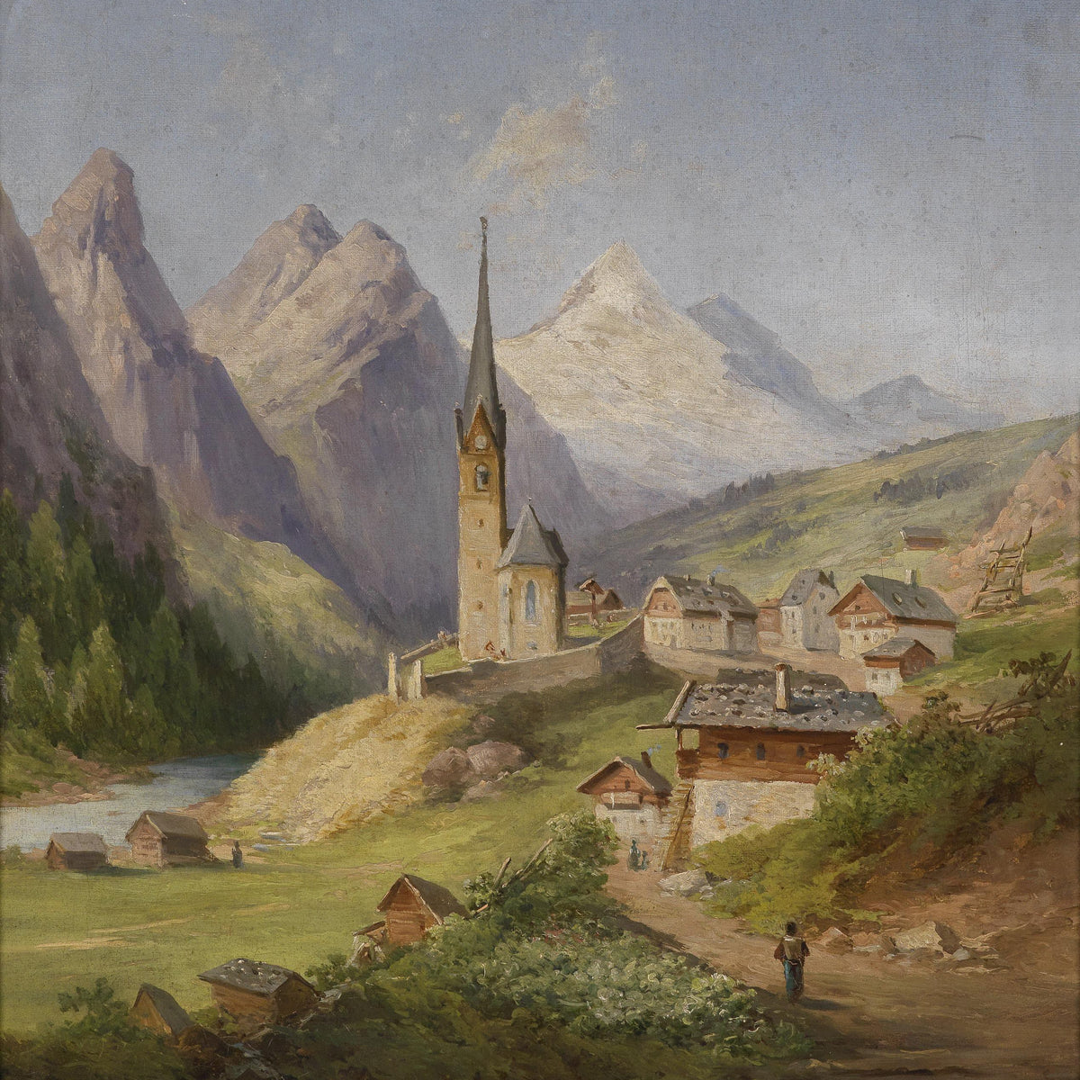 Landscape Oil Painting - Village Church & Snow Peaks, Path Figure