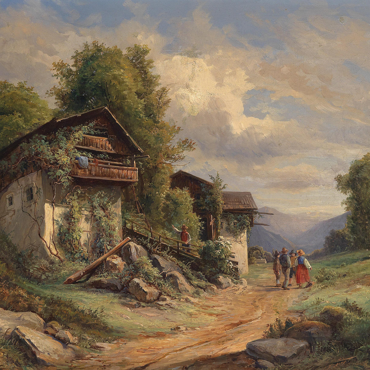 Landscape Oil Painting - Cottage Path, Vined Homes & Children Group