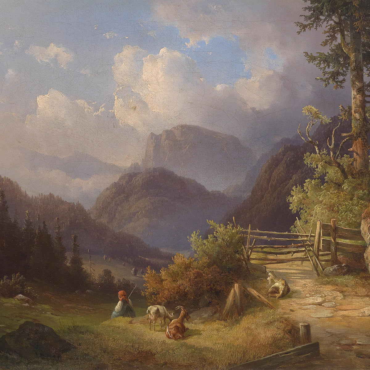 Landscape Oil Painting - Mountain Path: Goats, Figure & Wooden Gate