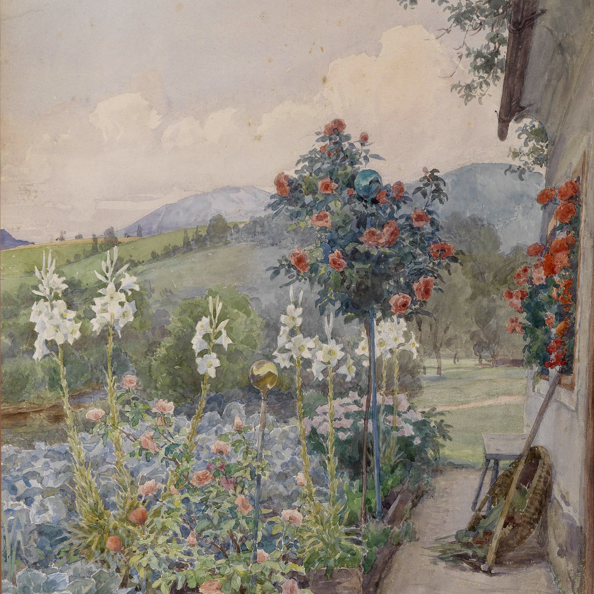 Landscape Oil Painting - Cottage Garden, Blooms & Distant Hills