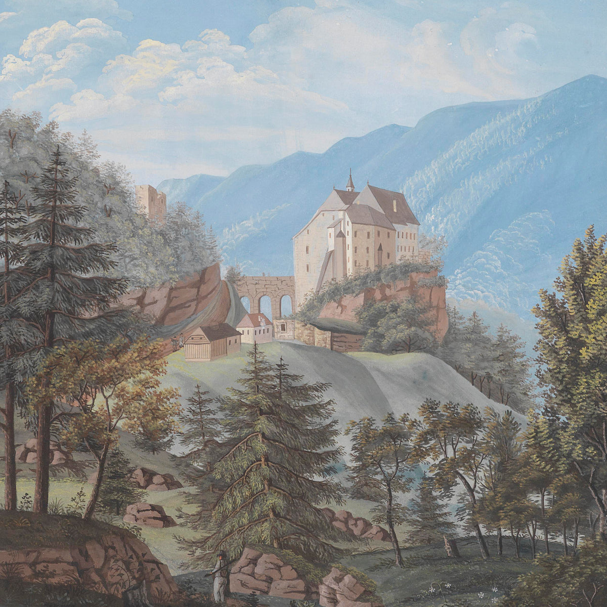 Landscape Oil Painting - Cliffside Castle, Arch Bridge & Mountain