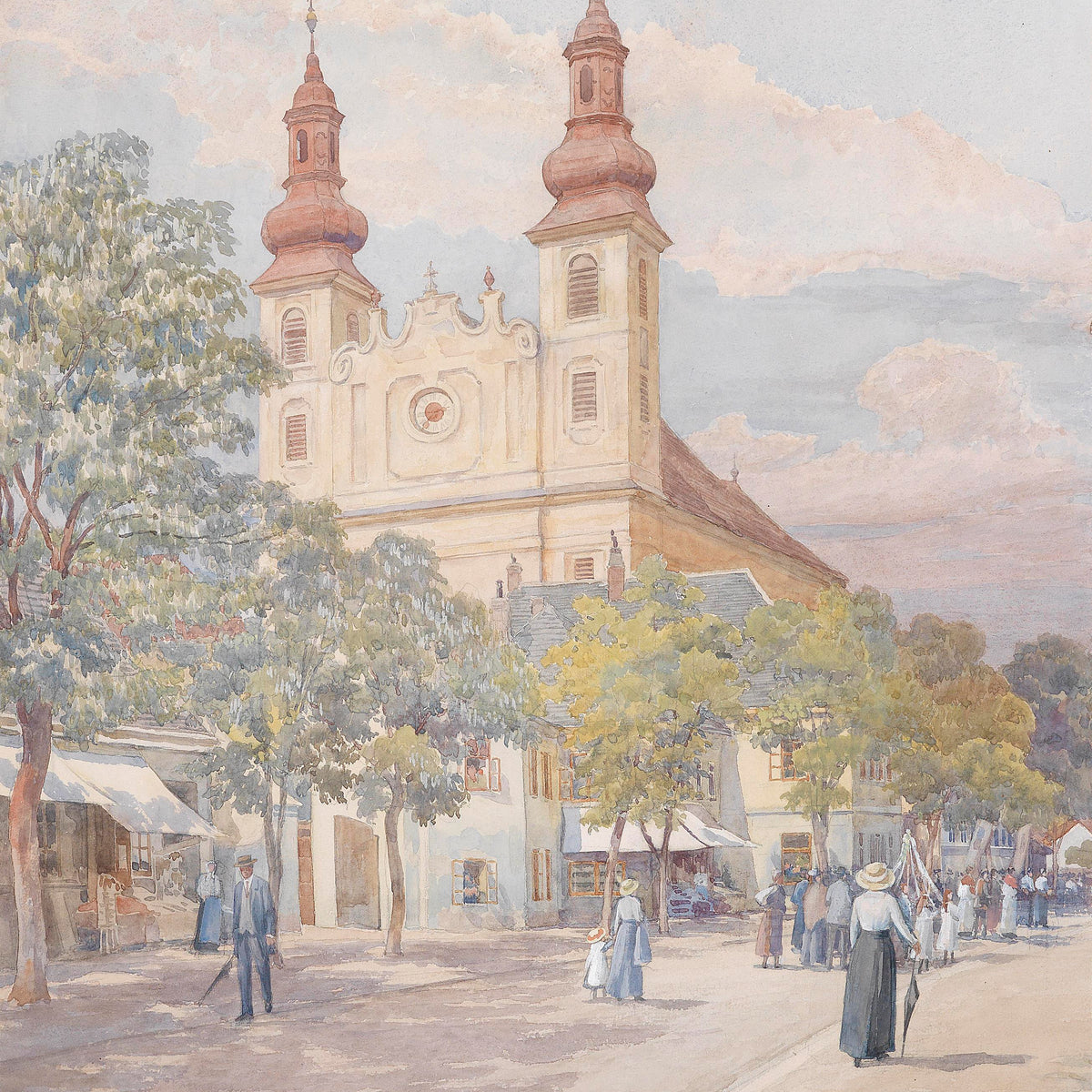 Landscape Oil Painting - Town Street Church, Towers & Pedestrians