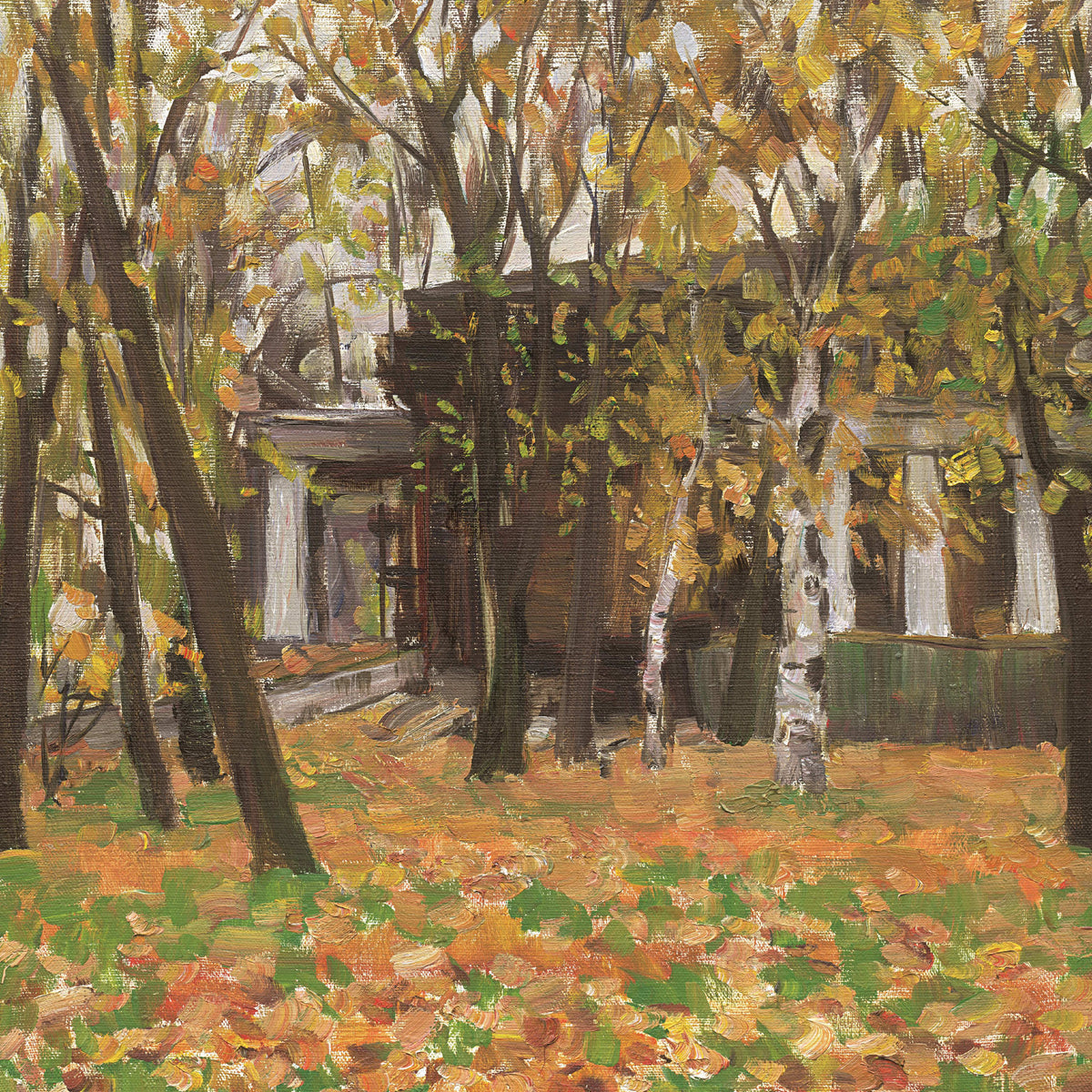 Landscape Oil Painting - Autumn Woodland Scene: Fallen Leaves, Building