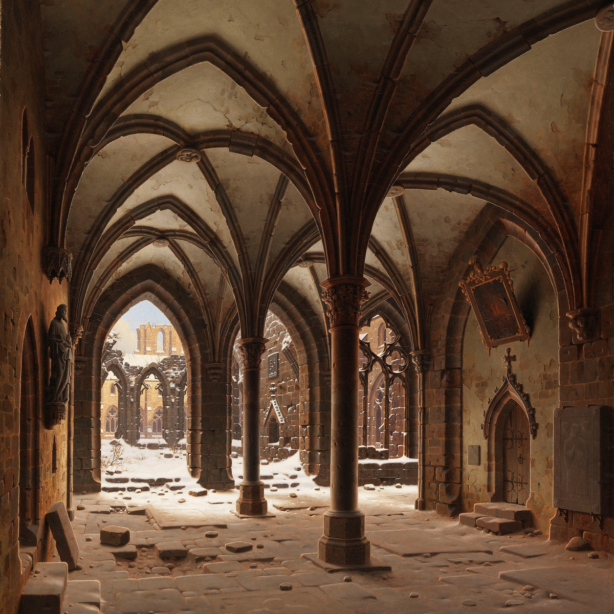 Landscape Oil Painting - Gothic Abbey Cloister in Snow, Arches, Columns