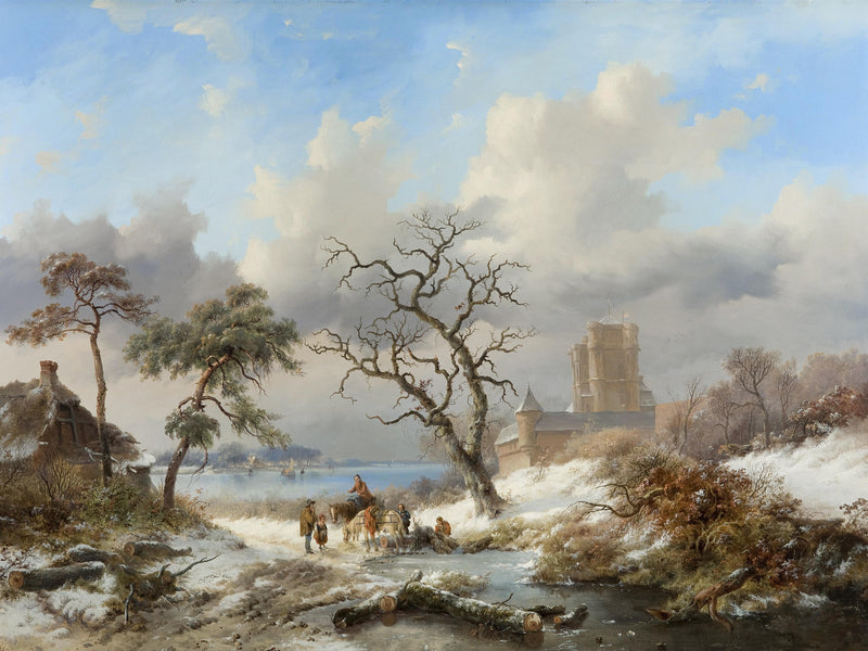 Landscape Oil Painting - Frosted Stream, Cottage, Castle & Figures