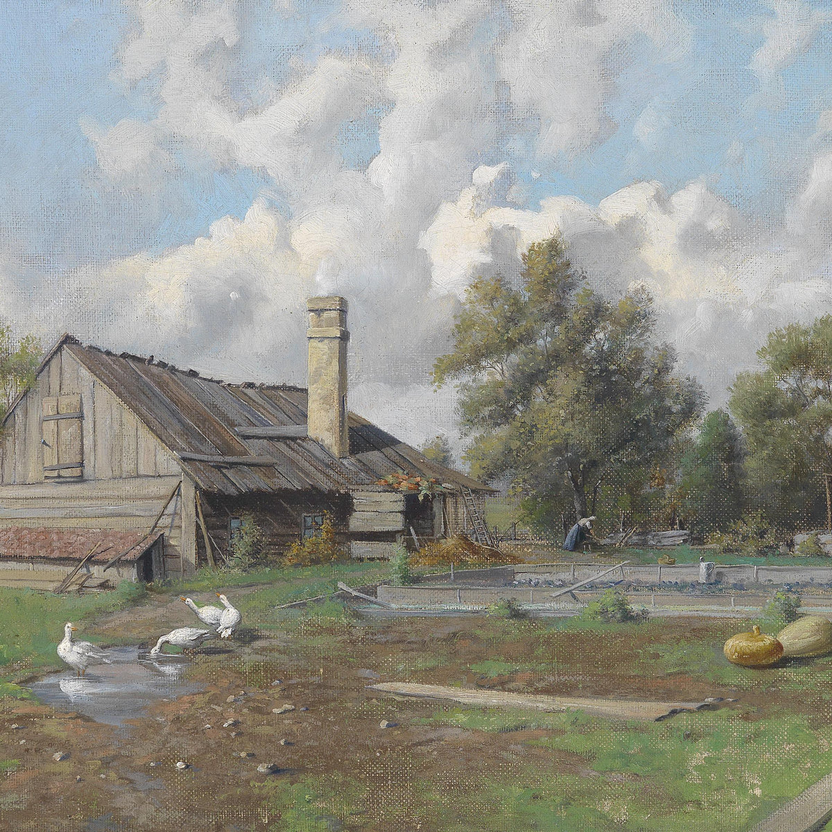 Landscape Oil Painting - Rustic Farmhouse,Ducks, Pumpkins & Country Yard
