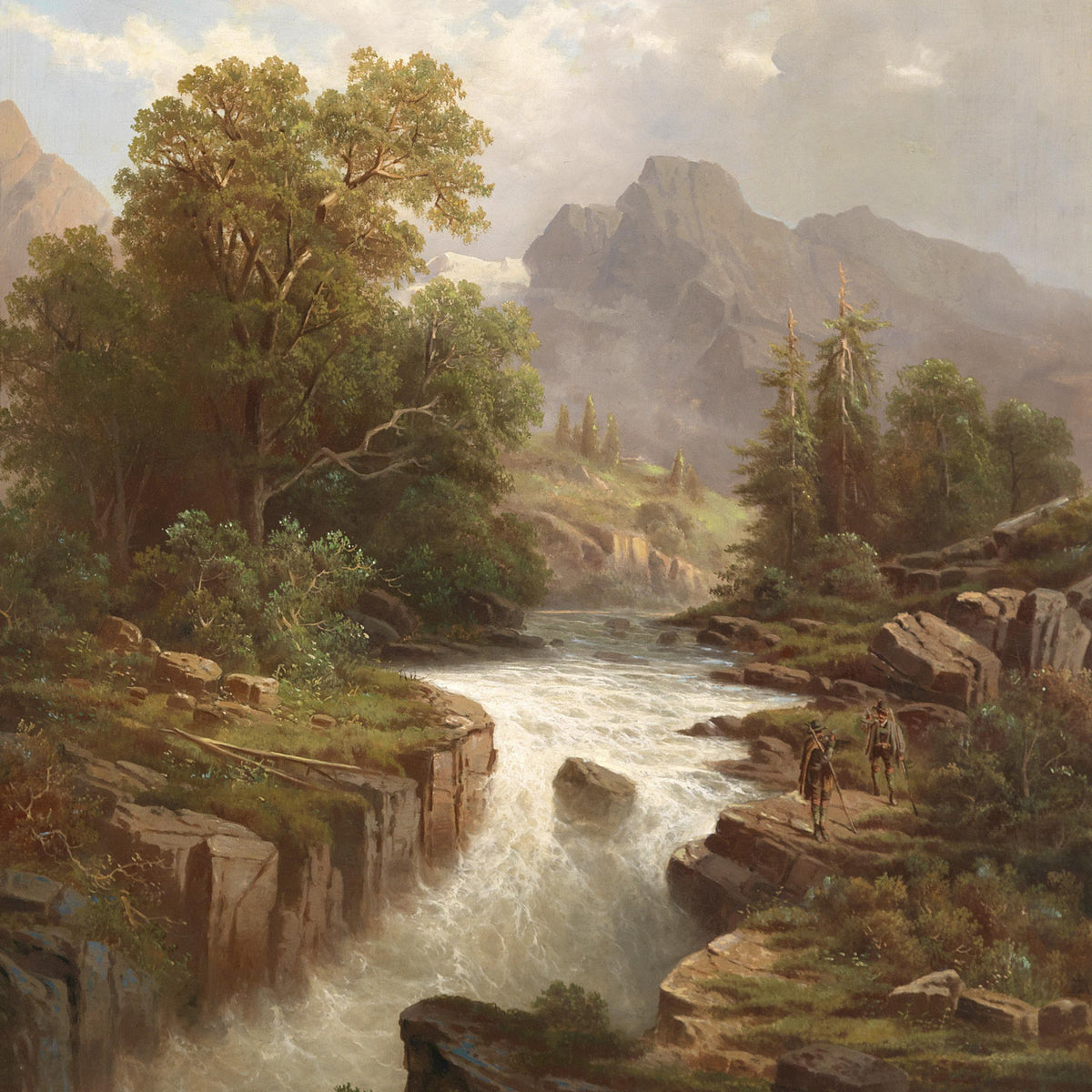 Landscape Oil Painting - Mountain River, Waterfall, Hikers & Alpine Peaks
