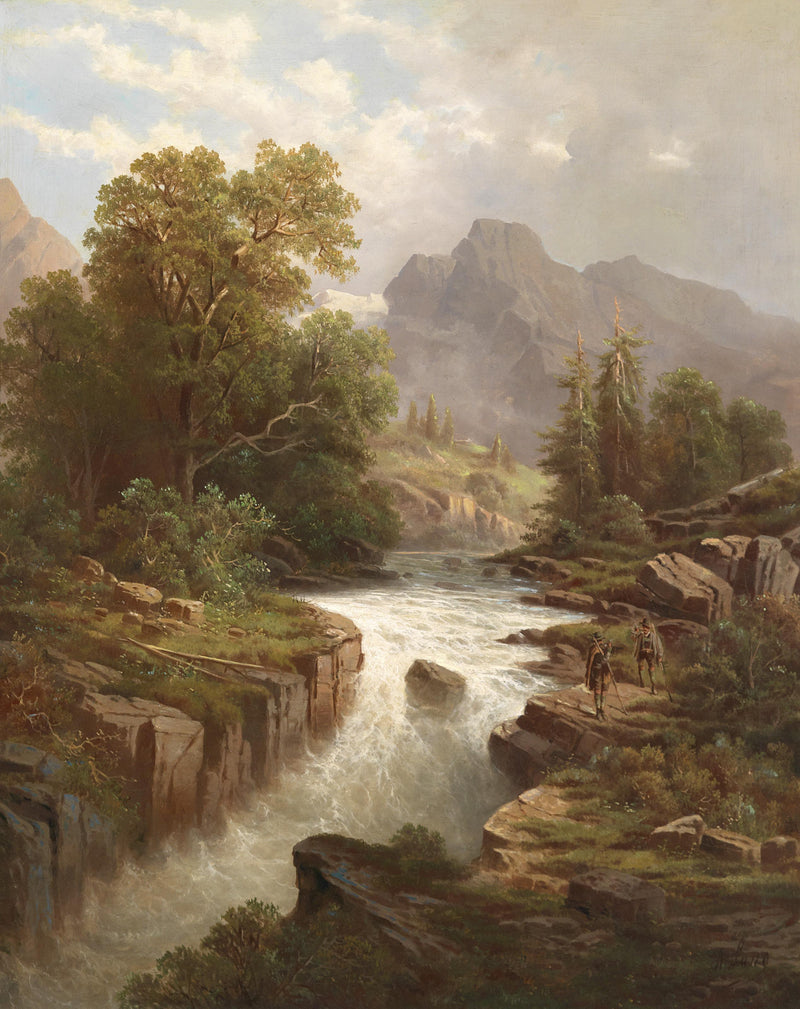 Landscape Oil Painting - Mountain River, Waterfall, Hikers & Alpine Peaks