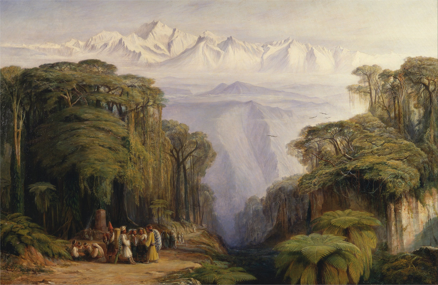 Landscape Oil Painting - Tropical Jungle, Snow-Capped Peaks & Villagers