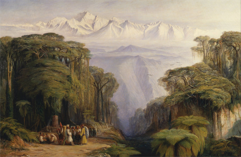 Landscape Oil Painting - Tropical Jungle, Snow-Capped Peaks & Villagers