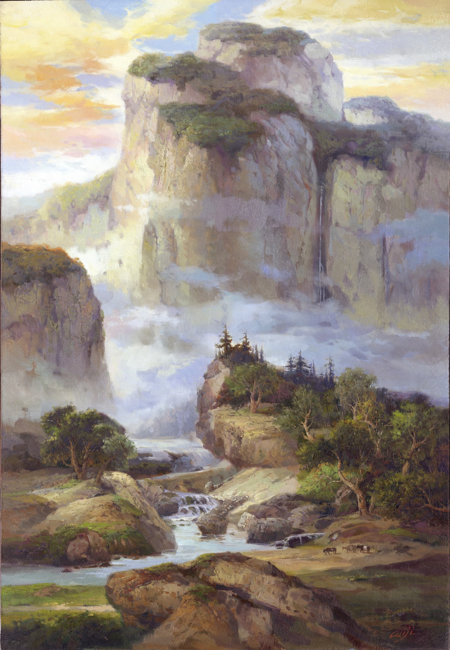 Landscape Oil Painting - Mountain Gorge, Waterfall & Stream with Horses