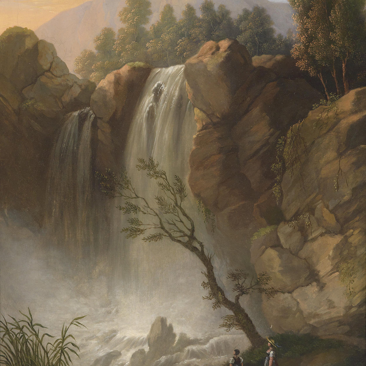 Landscape Oil Painting - Waterfall, Rocky Cliffs, Figures & Mountain