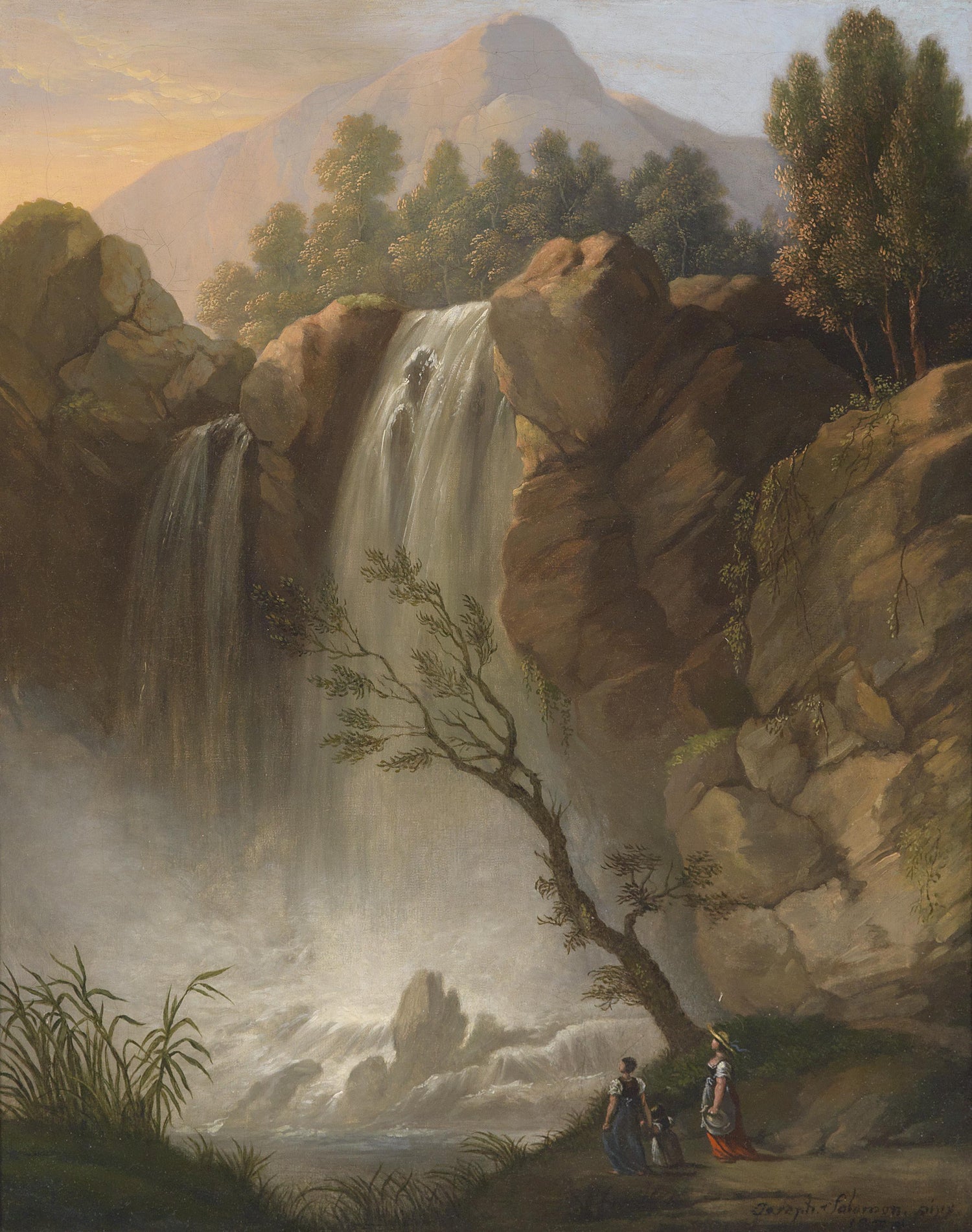 Landscape Oil Painting - Waterfall, Rocky Cliffs, Figures & Mountain