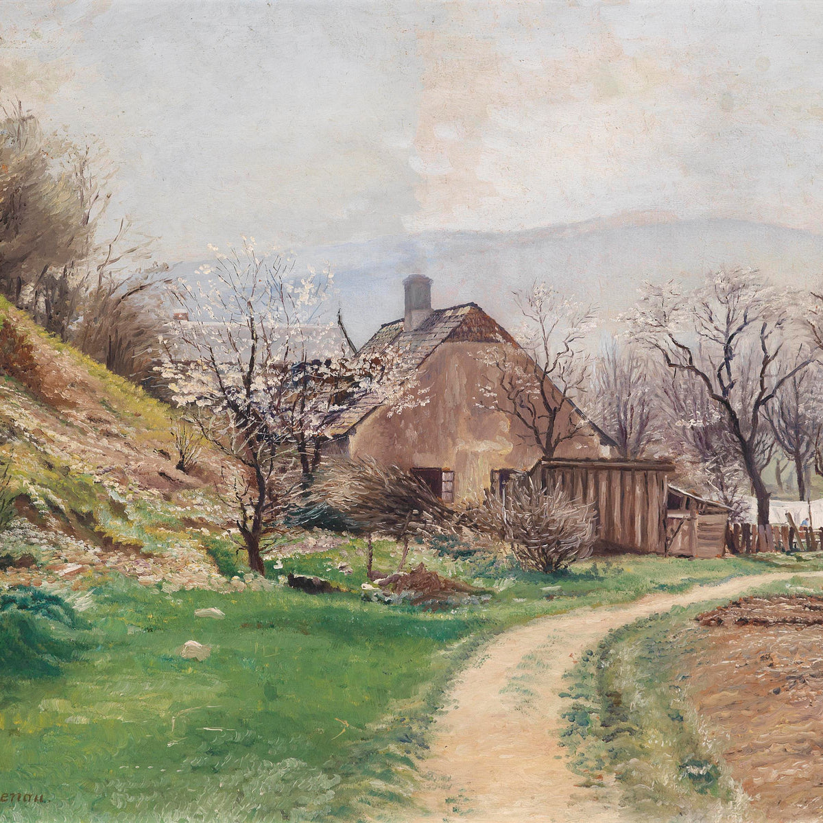 Landscape Oil Painting - Aus Reidenheim & Early Spring Rural Cottage