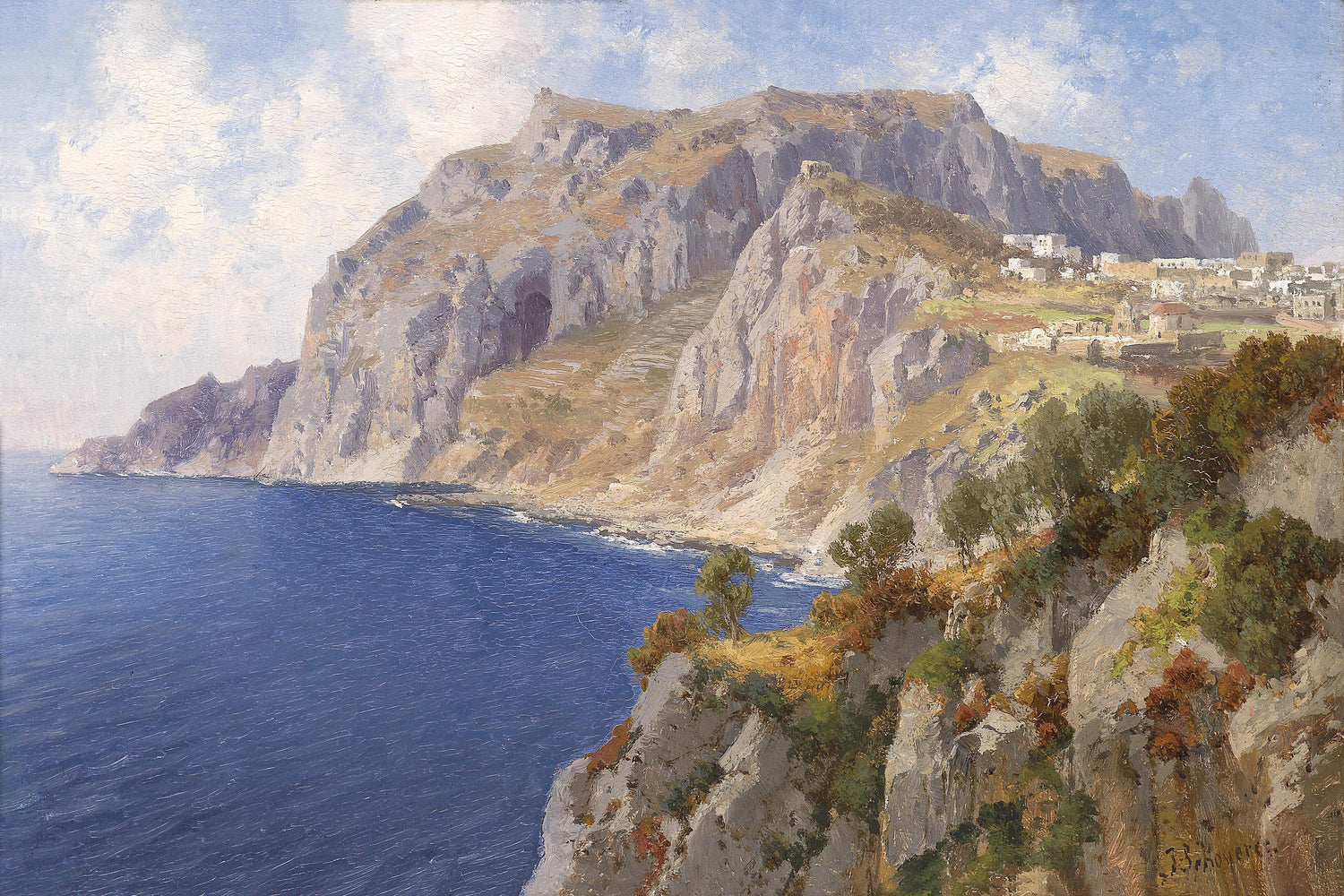 Landscape Oil Painting - Mediterranean Coastal Cliff, Seaside Village