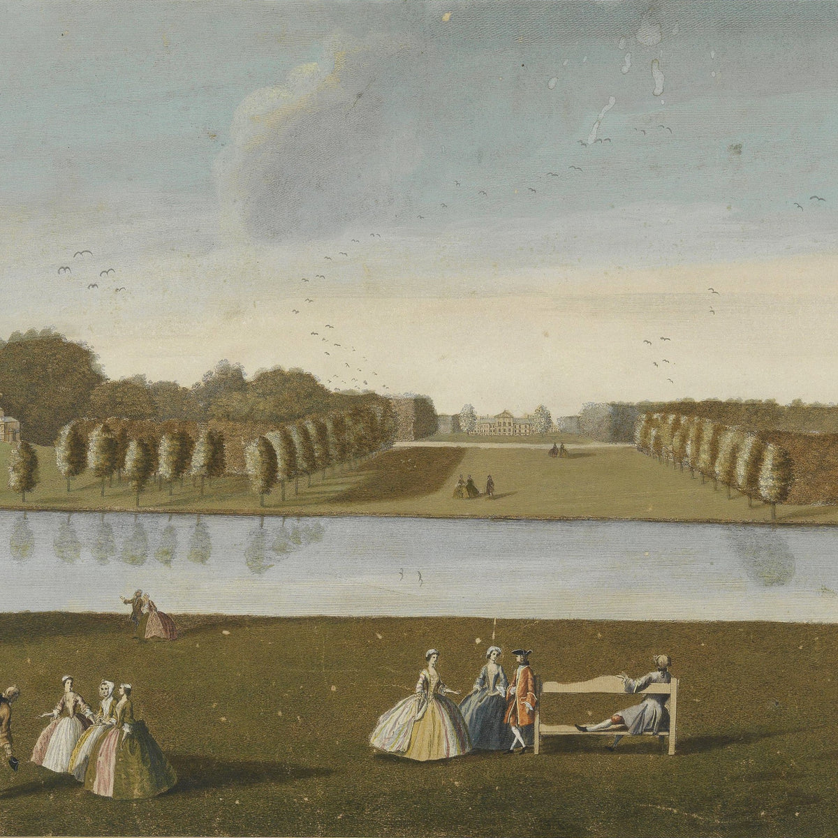 Landscape Oil Painting - Georgian Estate Garden, Lake, Formal Tree