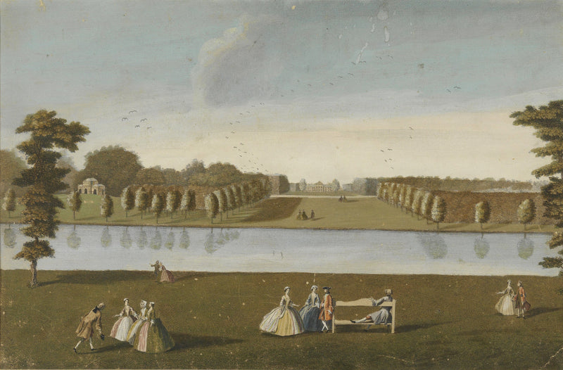 Landscape Oil Painting - Georgian Estate Garden, Lake, Formal Tree