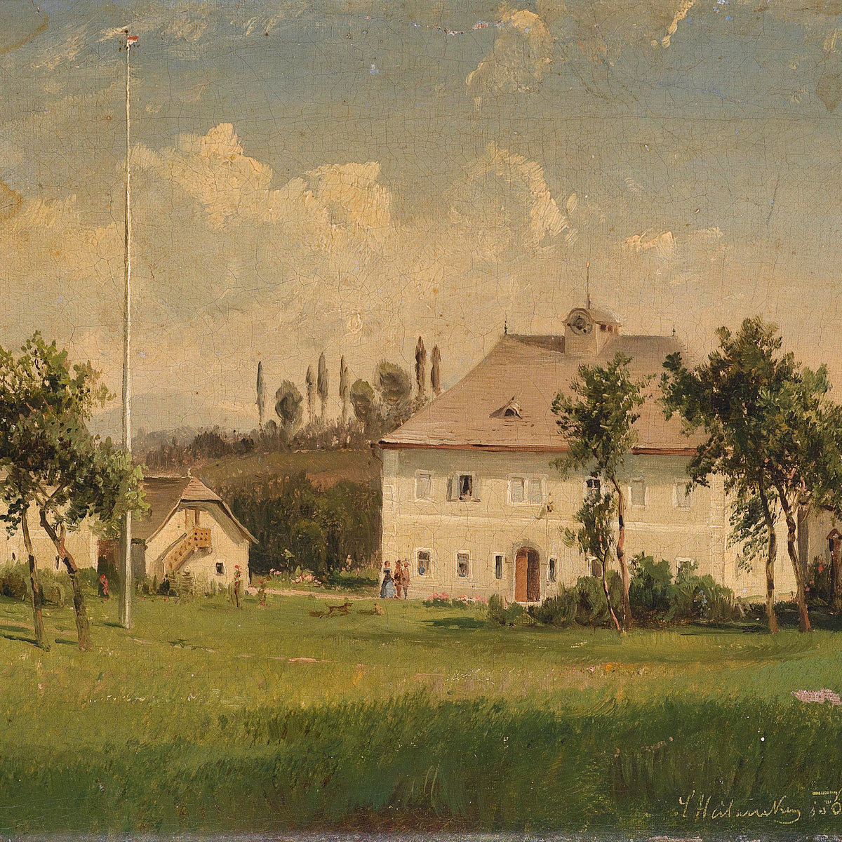 Landscape Oil Painting -1878 Rural Estate Compound, White Buildings