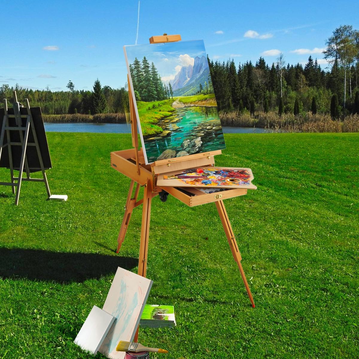 French Easel,Plein Air Easel,Adjustable Beechwood Easel for Painting,Portable Painting Easel with Palette - Oil Painting Haven Oil Painting Haven