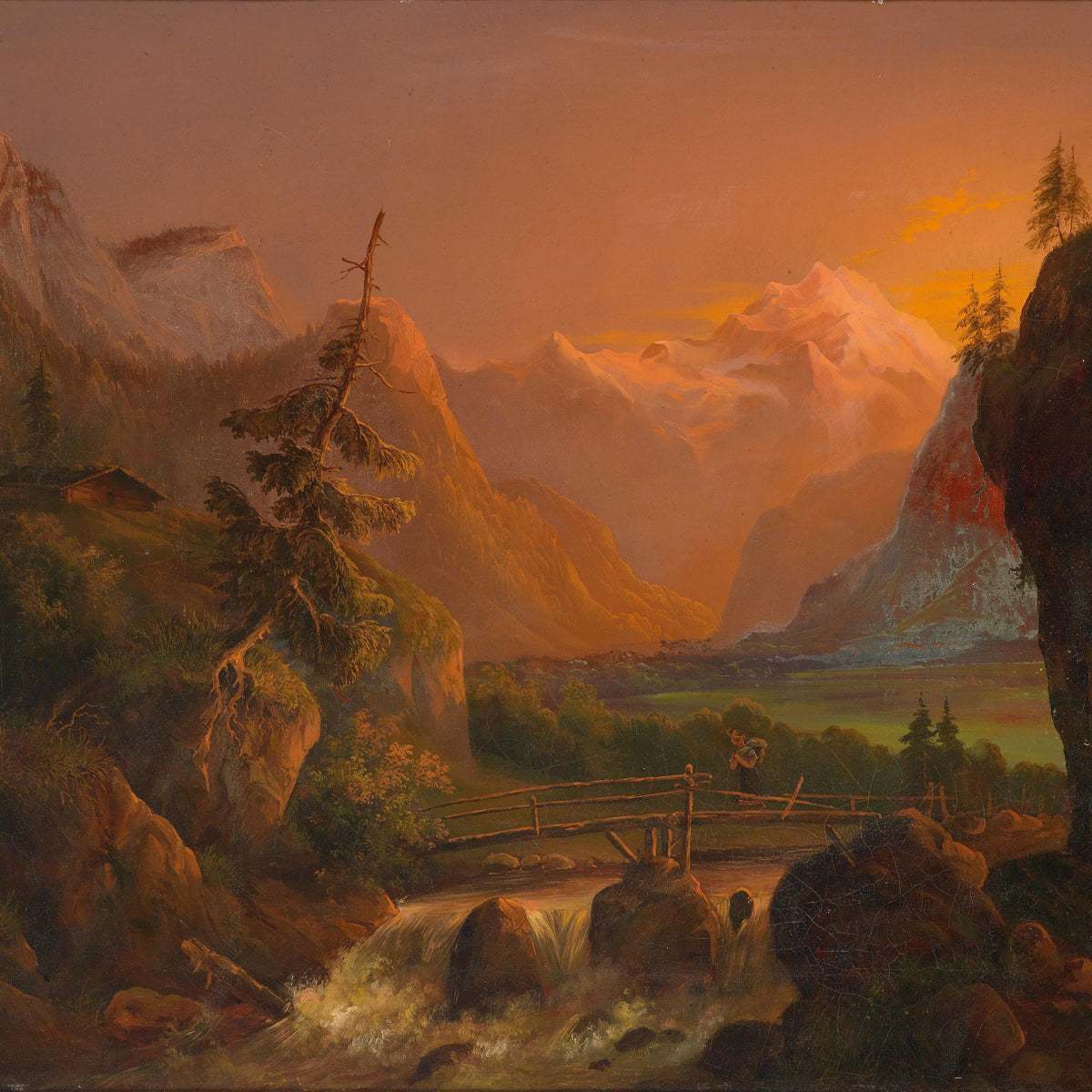 Landscape Oil Painting - Alpine Valley Sunset, Waterfall, Footbridge