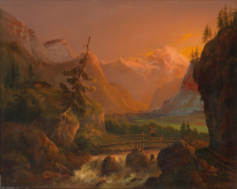 Landscape Oil Painting - Alpine Valley Sunset, Waterfall, Footbridge