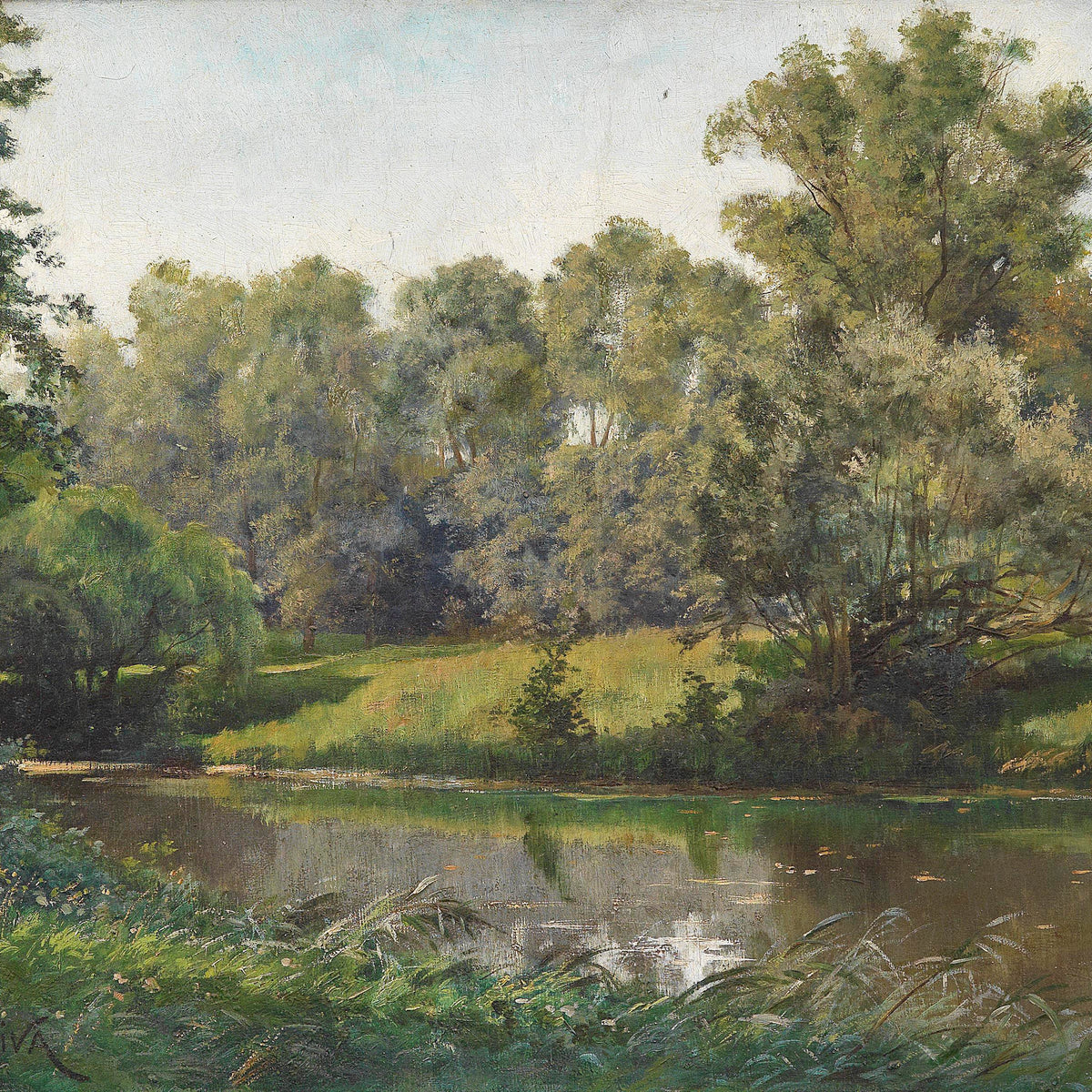 Landscape Oil Painting - River & Woodland, Lush Greenery, Reflected Light