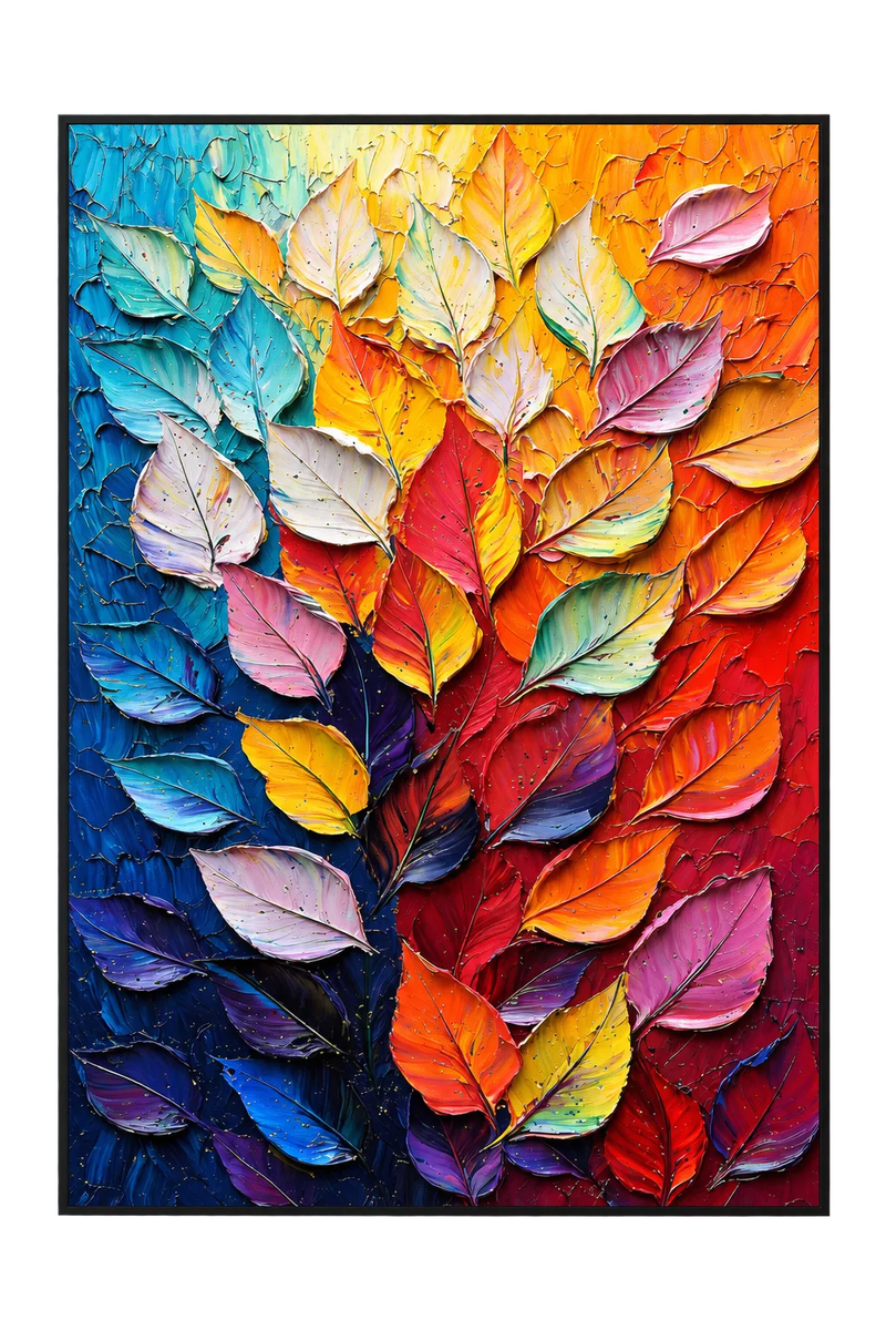 Peinture à l’huile abstraite – Feuilles multicolores aux textures en relief