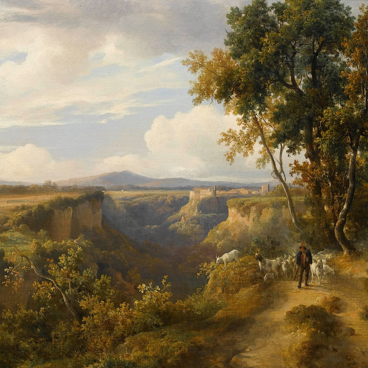 Landscape Oil Painting - Canyon Shepherd, Goats, Path & Distant Buildings