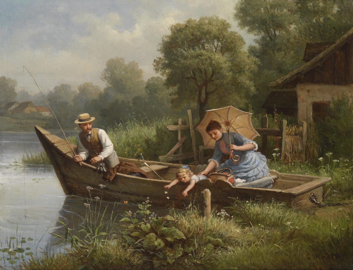 Landscape Oil Painting - Riverside Boat Family, Angler, Woman & Child