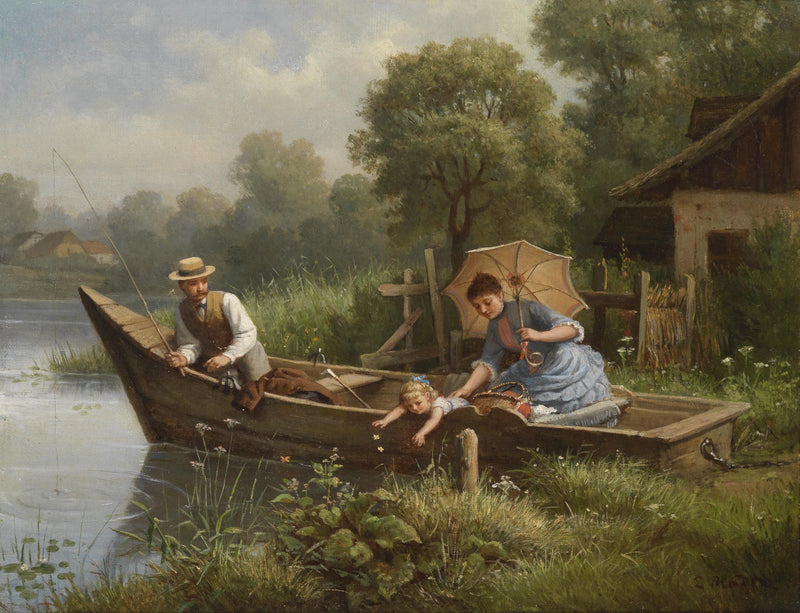 Landscape Oil Painting - Riverside Boat Family, Angler, Woman & Child