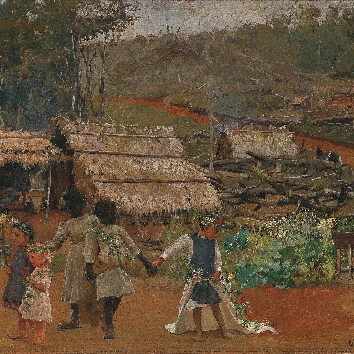 Landscape Oil Painting - 1893 Nova Veneza Brazil Village, Thatched Huts