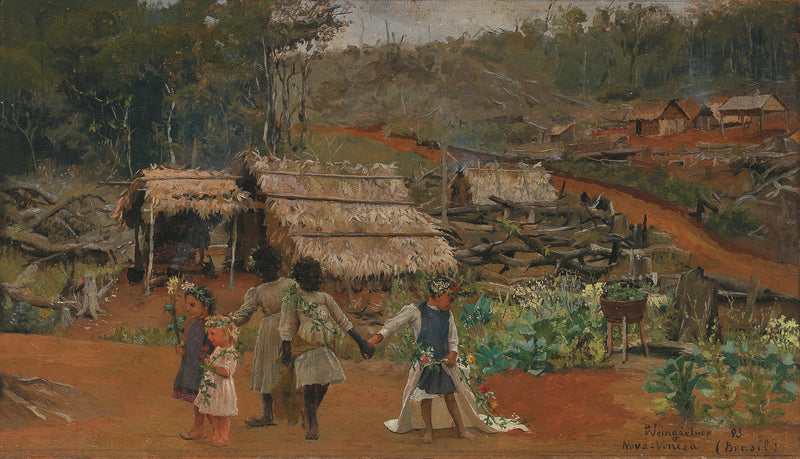 Landscape Oil Painting - 1893 Nova Veneza Brazil Village, Thatched Huts