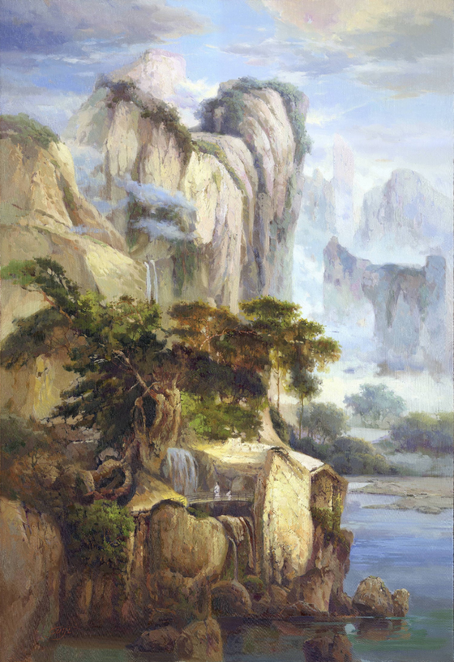 Landscape Oil Painting - Mountain Cliff, Waterfalls, Bridge & Lake