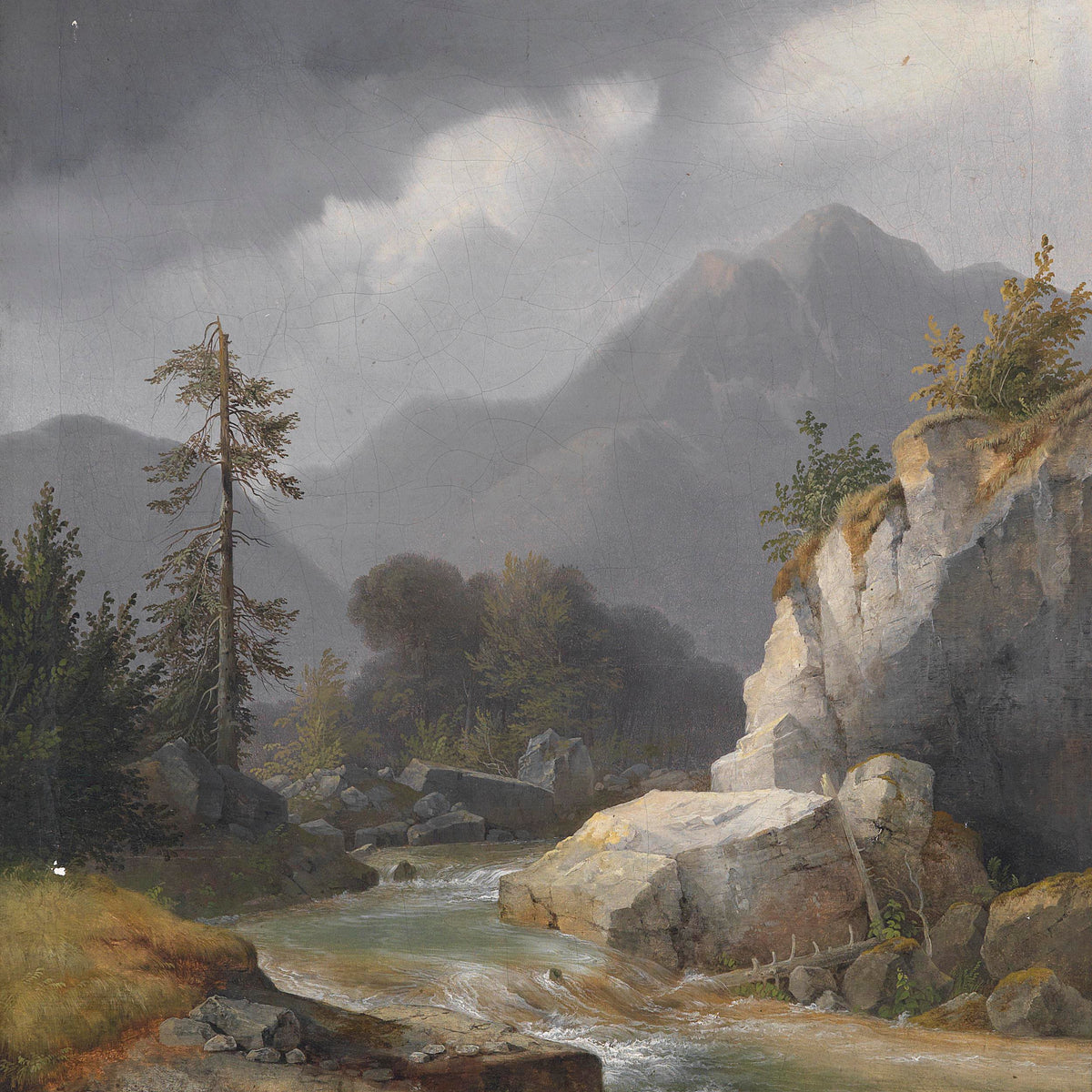 Landscape Oil Painting - Stormy Sky Mountain Stream, Rocks, Trees & Peaks