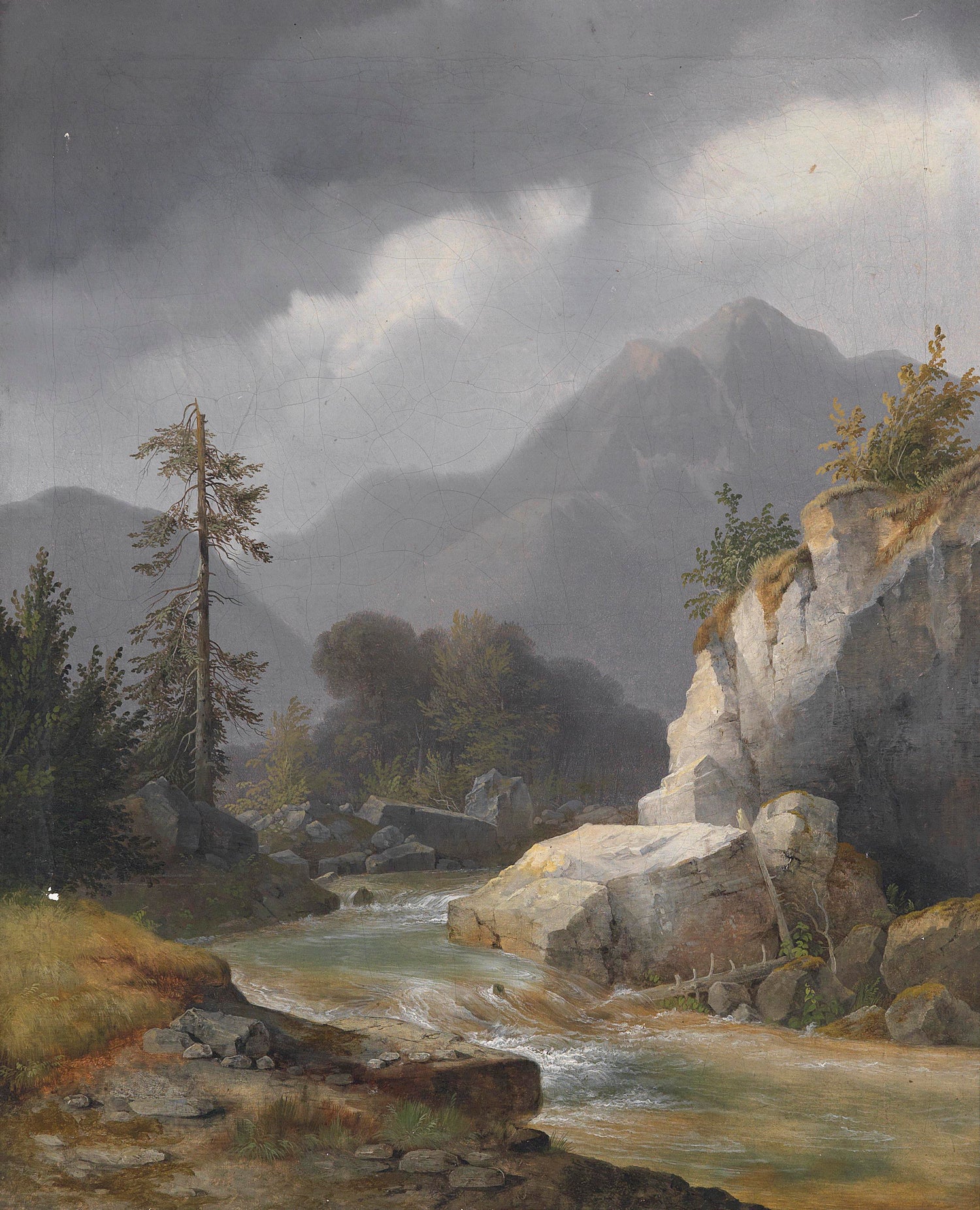 Landscape Oil Painting - Stormy Sky Mountain Stream, Rocks, Trees & Peaks