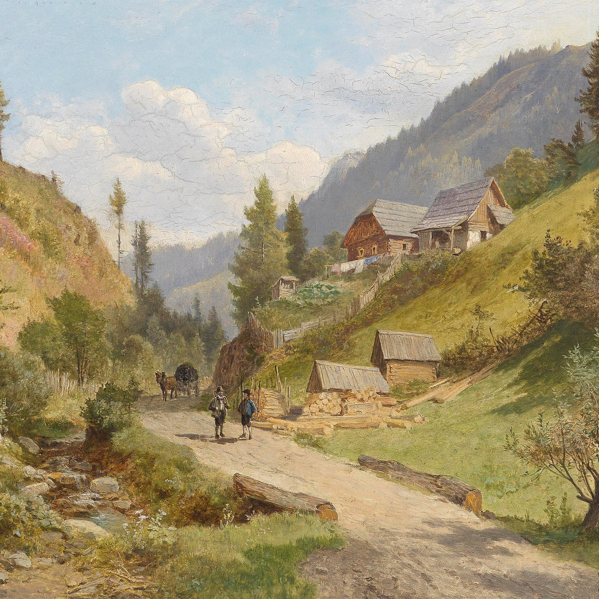Landscape Oil Painting - Alpine Village Path, Cottages, Figures & Wagon