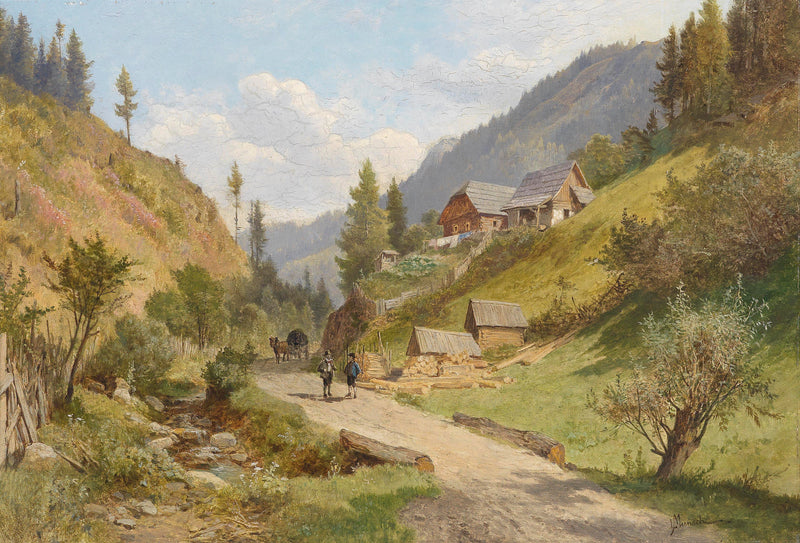 Landscape Oil Painting - Alpine Village Path, Cottages, Figures & Wagon